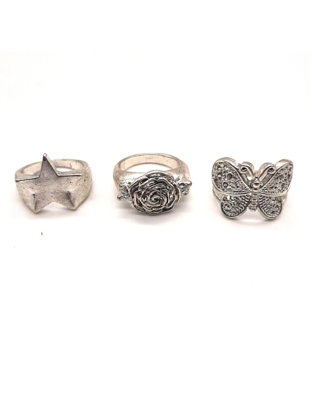 Urban Outfitters 3 Silver Tone Rings Star Rose Butterfly  sz 7 Y2K layers whimsy